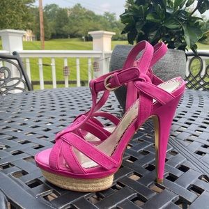 Bebe New Pink suede strappy sandal heels. 8